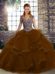 Straps Sleeveless Sweet 16 Dresses Floor Length Beading and Ruffles Brown Tulle