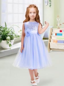 Classical Lavender Organza Zipper Scoop Sleeveless Tea Length Kids Formal Wear Sequins and Hand Made Flower