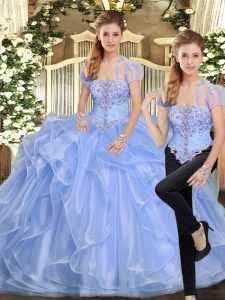 Strapless Sleeveless Organza Quince Ball Gowns Beading and Ruffles Lace Up