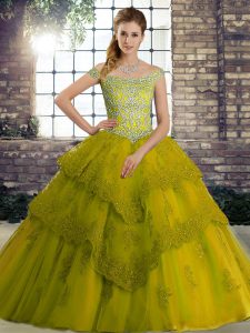 Olive Green Off The Shoulder Neckline Beading and Lace Quince Ball Gowns Sleeveless Lace Up