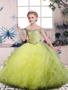 Yellow Green Tulle Side Zipper Pageant Gowns For Girls Sleeveless Floor Length Beading