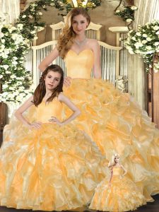 Modern Gold Sleeveless Floor Length Beading and Ruffles Lace Up Ball Gown Prom Dress