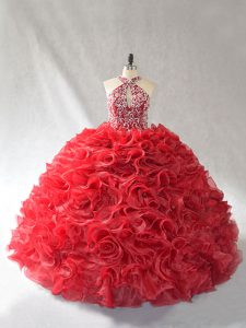 Vintage Red Ball Gowns Organza Halter Top Sleeveless Beading and Ruffles Lace Up 15th Birthday Dress Brush Train