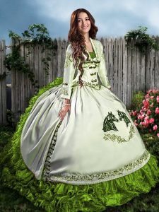 Olive Green Ball Gowns Embroidery and Ruffles Sweet 16 Quinceanera Dress Lace Up Organza Sleeveless Floor Length