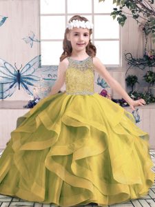 Olive Green Sleeveless Beading and Ruffles Floor Length Pageant Gowns For Girls