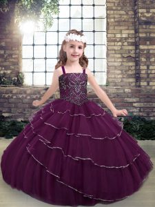 Enchanting Purple Lace Up Straps Sleeveless Floor Length Little Girl Pageant Gowns Beading and Ruffled Layers