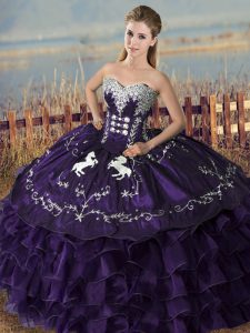 Glorious Purple Ball Gowns Sweetheart Sleeveless Organza Floor Length Lace Up Embroidery and Ruffles Sweet 16 Quinceanera Dress
