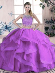 Purple Two Pieces Tulle Scoop Sleeveless Beading and Lace and Ruffles Floor Length Lace Up Sweet 16 Quinceanera Dress
