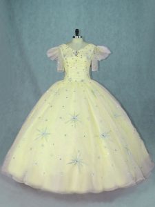 Cute Organza V-neck Short Sleeves Zipper Beading Sweet 16 Dress in Yellow