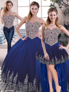 Sleeveless Tulle Floor Length Lace Up Vestidos de Quinceanera in Royal Blue with Embroidery