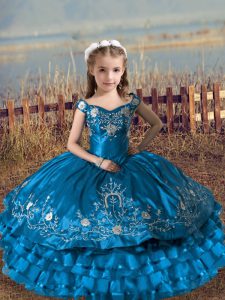 Floor Length Ball Gowns Sleeveless Blue Little Girl Pageant Gowns Lace Up