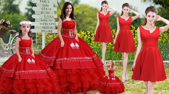 Nice Red Satin and Organza Lace Up Quinceanera Dress Sleeveless Floor Length Embroidery and Ruffles
