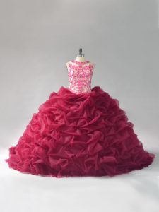 Low Price Burgundy 15th Birthday Dress Organza Court Train Sleeveless Beading and Pick Ups