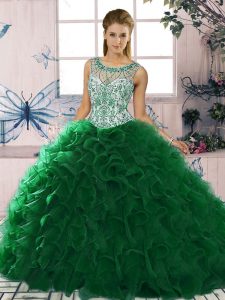 Flirting Sleeveless Floor Length Beading and Ruffles Lace Up 15 Quinceanera Dress with Dark Green