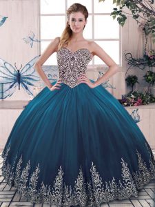 Custom Made Blue Tulle Lace Up Sweetheart Sleeveless Floor Length Sweet 16 Quinceanera Dress Beading and Appliques