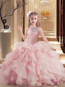 Pink Lace Up Little Girl Pageant Dress Beading and Ruffles Sleeveless Floor Length