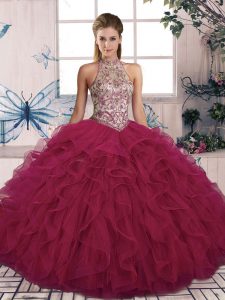 Most Popular Burgundy Halter Top Lace Up Beading and Ruffles Quinceanera Dresses Sleeveless