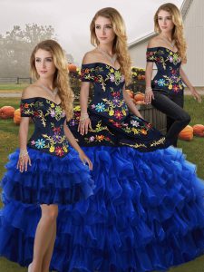 Fashion Sleeveless Organza Floor Length Lace Up Sweet 16 Dresses in Blue And Black with Embroidery and Ruffled Layers