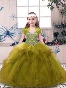 Trendy Beading and Ruffles Pageant Dress for Girls Olive Green Lace Up Sleeveless Floor Length