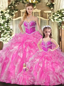 Rose Pink Sleeveless Floor Length Beading and Ruffles Lace Up Quinceanera Dress