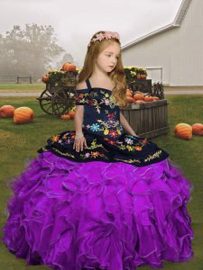 Eggplant Purple and Purple Sleeveless Floor Length Embroidery and Ruffles Lace Up Kids Pageant Dress