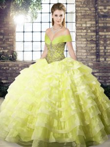 Brush Train Ball Gowns Quinceanera Dress Yellow Off The Shoulder Organza Sleeveless Lace Up