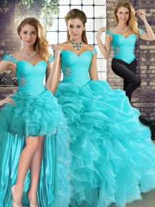 Super Off The Shoulder Sleeveless Organza Quince Ball Gowns Beading and Ruffles and Pick Ups Lace Up