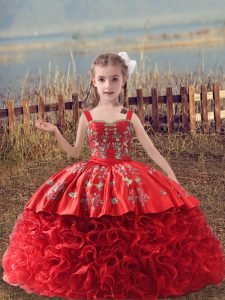 Trendy Red Straps Lace Up Embroidery Girls Pageant Dresses Sweep Train Sleeveless