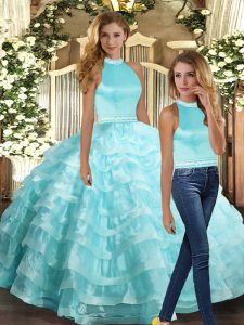 Aqua Blue Ball Gowns Organza Halter Top Sleeveless Beading and Ruffled Layers Floor Length Backless Quinceanera Gown