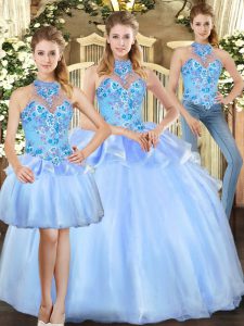 Glamorous Blue Organza Lace Up Halter Top Sleeveless Floor Length Quinceanera Gown Embroidery