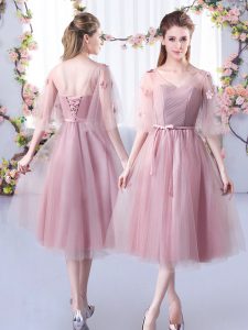Tea Length Lace Up Vestidos de Damas Pink for Wedding Party with Lace and Belt