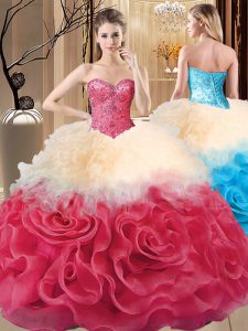 Comfortable Red Ball Gowns Sweetheart Sleeveless Fabric With Rolling Flowers Floor Length Lace Up Beading and Ruffles Sweet 16 Quinceanera Dress