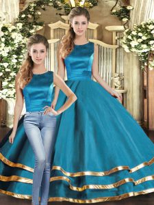 Teal Scoop Neckline Ruffled Layers Quinceanera Dresses Sleeveless Lace Up