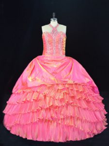 High End Rose Pink Quinceanera Dress Sweet 16 and Quinceanera with Beading and Ruffled Layers Halter Top Sleeveless Lace Up