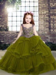 Sweet Ball Gowns Little Girls Pageant Gowns Olive Green Straps Organza Sleeveless Floor Length Lace Up