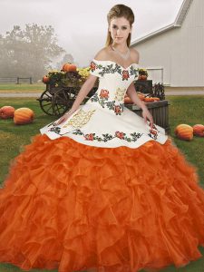 Fashionable Orange Red Organza Lace Up Off The Shoulder Sleeveless Floor Length 15th Birthday Dress Embroidery and Ruffles