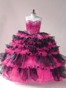Pink And Black Sleeveless Beading and Ruffled Layers 15 Quinceanera Dress