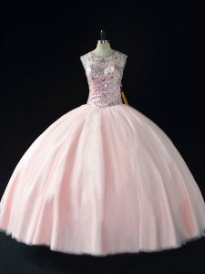 Pink Lace Up Scoop Beading Ball Gown Prom Dress Tulle Sleeveless