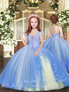 Hot Sale Blue Sleeveless Floor Length Beading Lace Up Little Girls Pageant Dress Wholesale