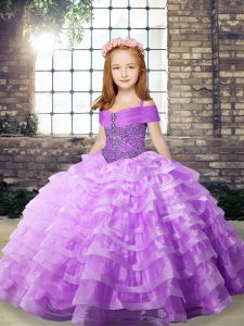 Sweet Lilac Ball Gowns Straps Sleeveless Organza Brush Train Lace Up Beading and Ruffled Layers Kids Formal Wear