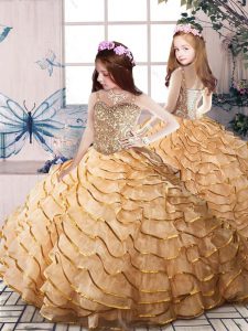 Gold Ball Gowns Beading and Ruffled Layers Girls Pageant Dresses Lace Up Organza Sleeveless
