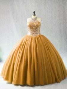 Cute Sleeveless Beading Lace Up Quinceanera Gowns with Gold Brush Train