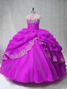 Fuchsia Organza Lace Up Quinceanera Dress Sleeveless Floor Length Beading and Appliques