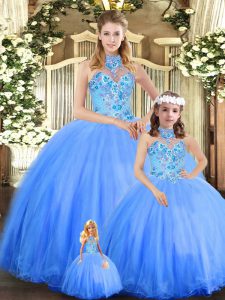 Blue Lace Up Quinceanera Dresses Embroidery Sleeveless Floor Length