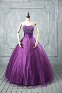 Eggplant Purple and Purple Ball Gown Prom Dress Sweet 16 and Quinceanera with Beading Strapless Sleeveless Lace Up