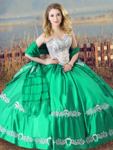 Charming Turquoise Ball Gowns Satin Sweetheart Sleeveless Beading and Embroidery Floor Length Lace Up Quince Ball Gowns