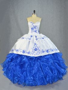 Blue And White Quinceanera Dresses Organza Brush Train Sleeveless Beading and Embroidery and Ruffles