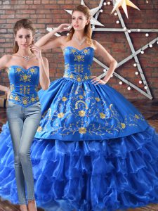 Blue Sweetheart Lace Up Embroidery Sweet 16 Dresses Sleeveless