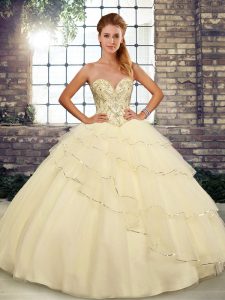 Light Yellow Ball Gown Prom Dress Sweetheart Sleeveless Brush Train Lace Up