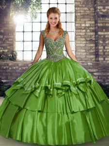 Green Sleeveless Taffeta Lace Up 15 Quinceanera Dress for Military Ball and Sweet 16 and Quinceanera